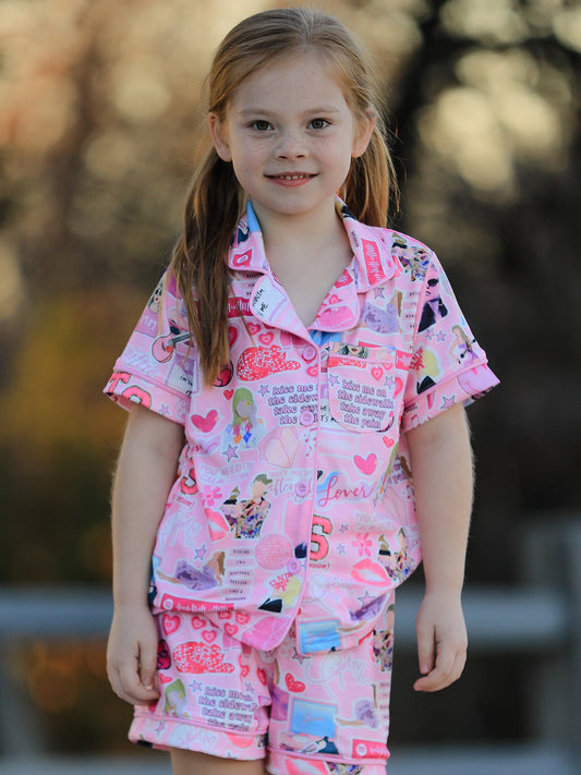 Pink TS Lapel Button Short Sleeve Shorts Pajama Set -