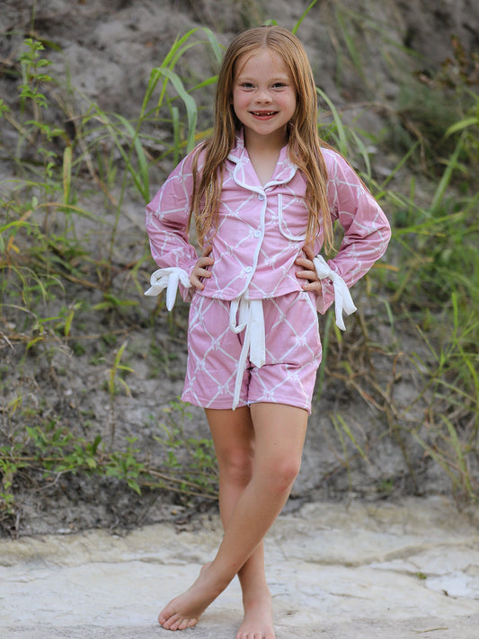 Mommy & me Autumn Check Bow Girls Lapel Pajamas -