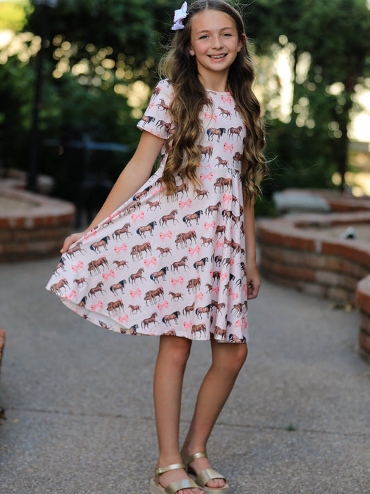 Girls Western Horse Print Twirl Dress Short Sleeve -