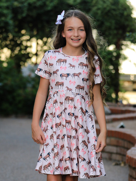 Girls Western Horse Print Twirl Dress Short Sleeve -