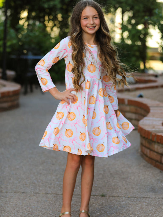 Fall Halloween & Thanksgiving Pumpkin Bow Print Long Sleeve Dress -