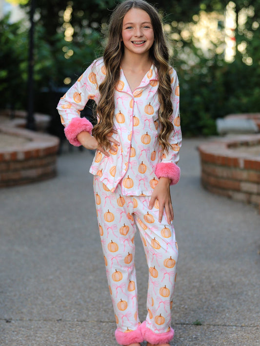 Halloween Thanksgiving Pumpkin Bow Fur Pajama Set -