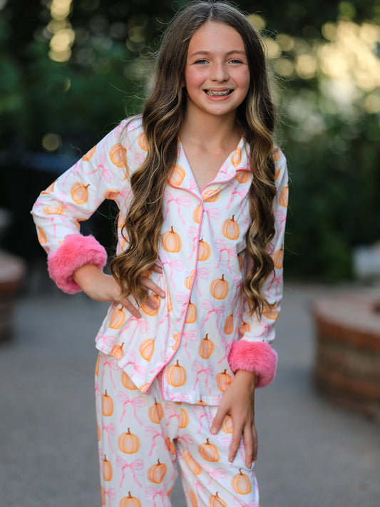 Halloween Thanksgiving Pumpkin Bow Fur Pajama Set -