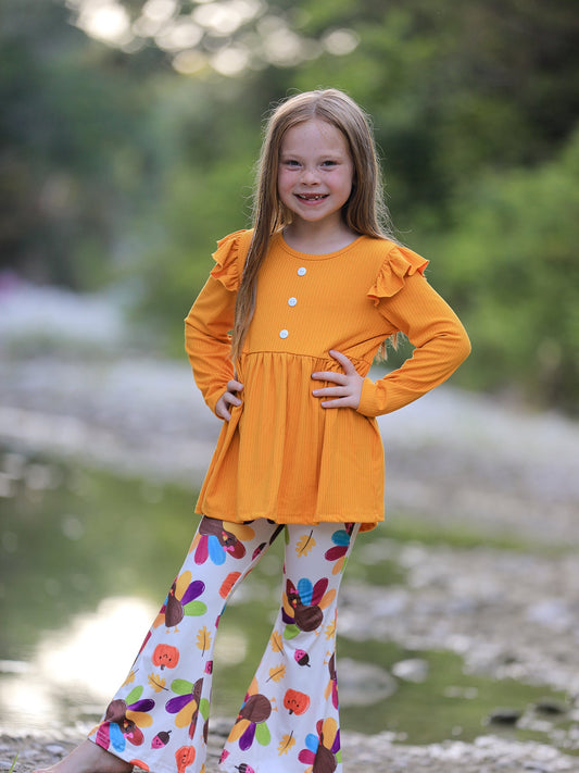 Fall Halloween & Thanksgiving Pumpkin Turkey Print Girls Long Sleeve Set -