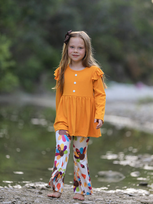 Fall Halloween & Thanksgiving Pumpkin Turkey Print Girls Long Sleeve Set -