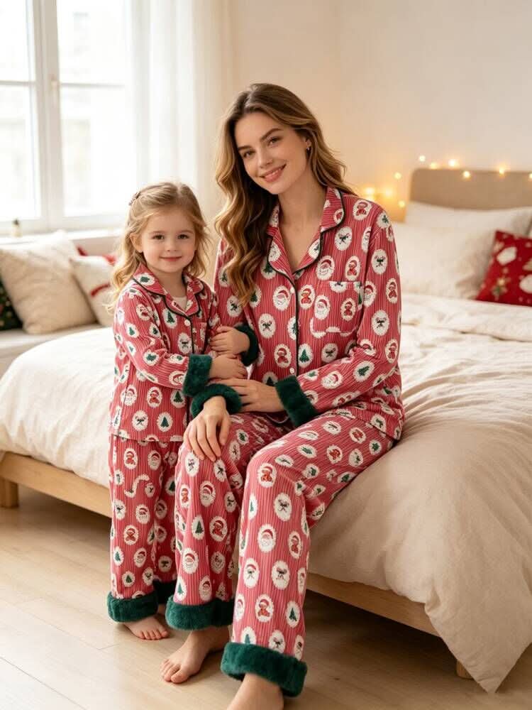 Mommy and Me Christmas Santa Print Pajama Set with Fur Trim -
