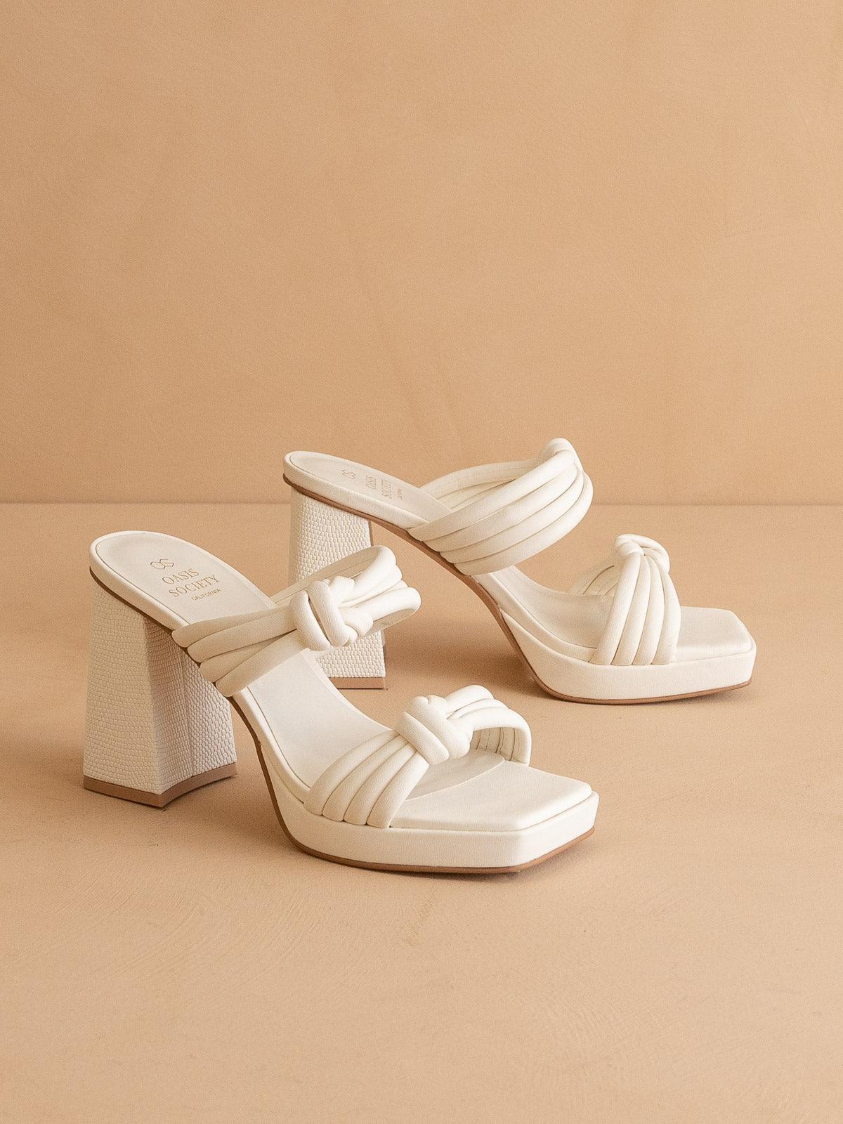 The Faith | White Knotted band platform snake-print heel
