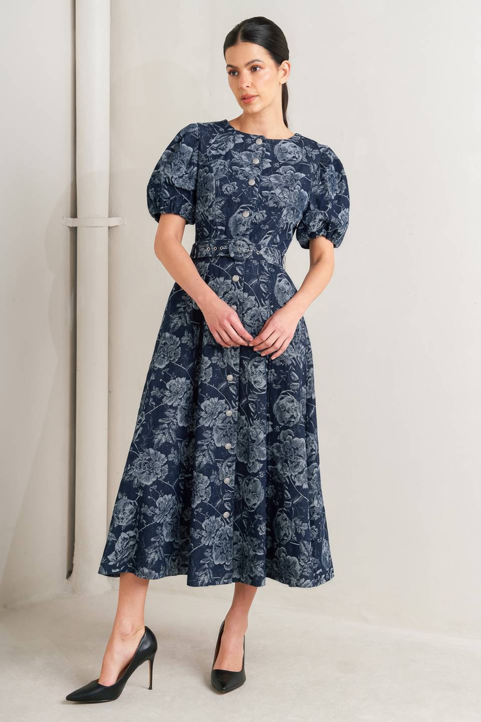Dark Bloom Jacquard Denim Midi Dress in - DRESSES photo