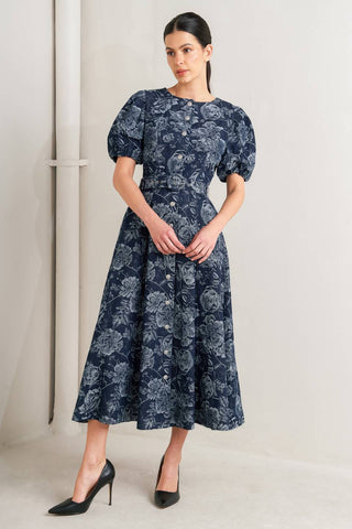 Dark Bloom Jacquard Denim Midi Dress in - DRESSES photo