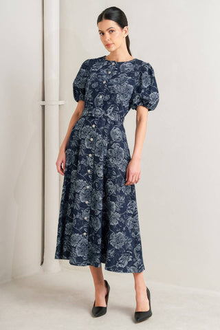 Dark Bloom Jacquard Denim Midi Dress in - DRESSES photo