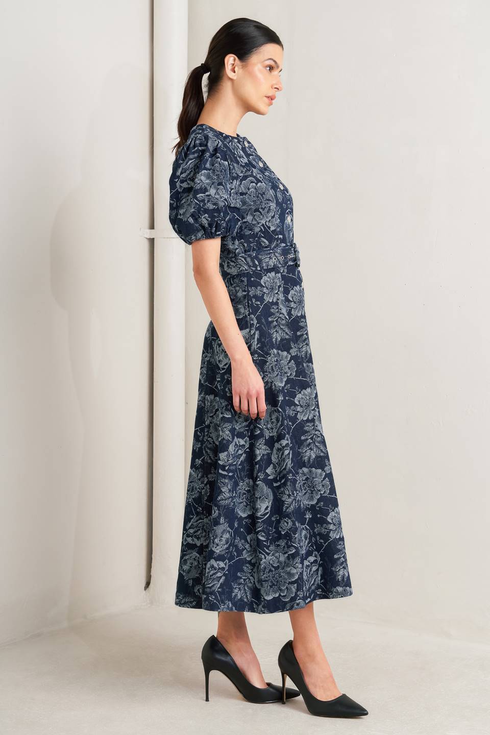 Dark Bloom Jacquard Denim Midi Dress in - DRESSES photo