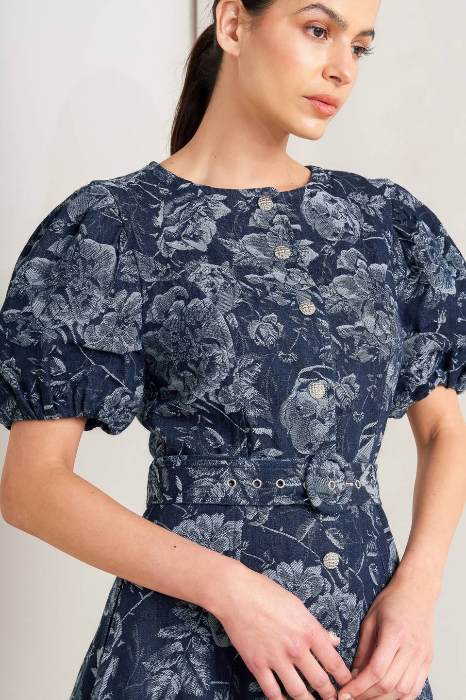 Dark Bloom Jacquard Denim Midi Dress in - DRESSES photo