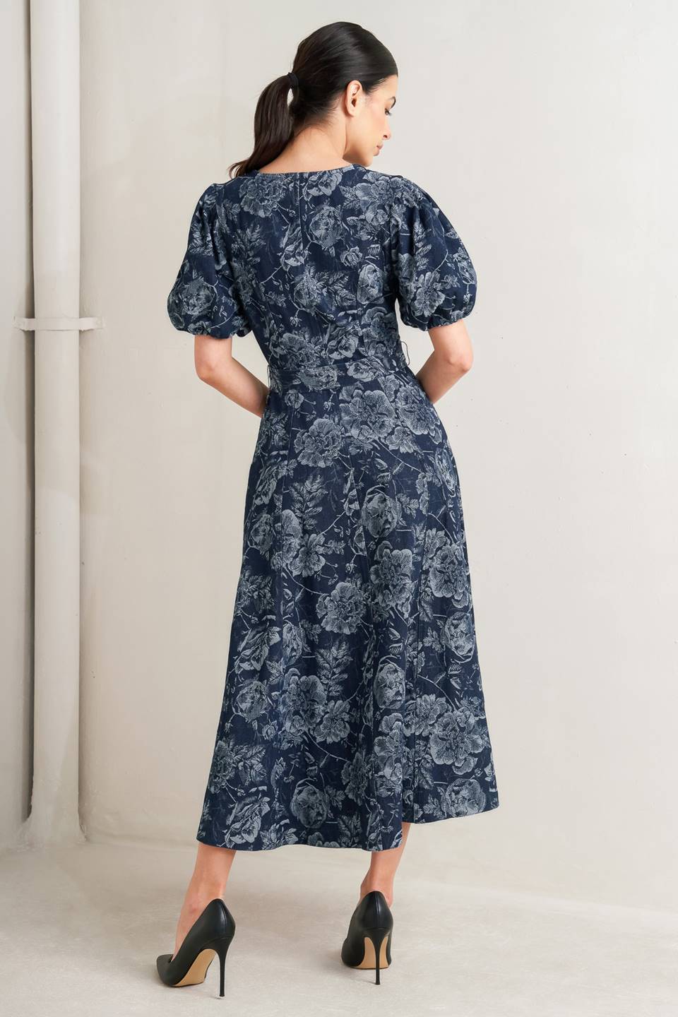 Dark Bloom Jacquard Denim Midi Dress in - DRESSES photo