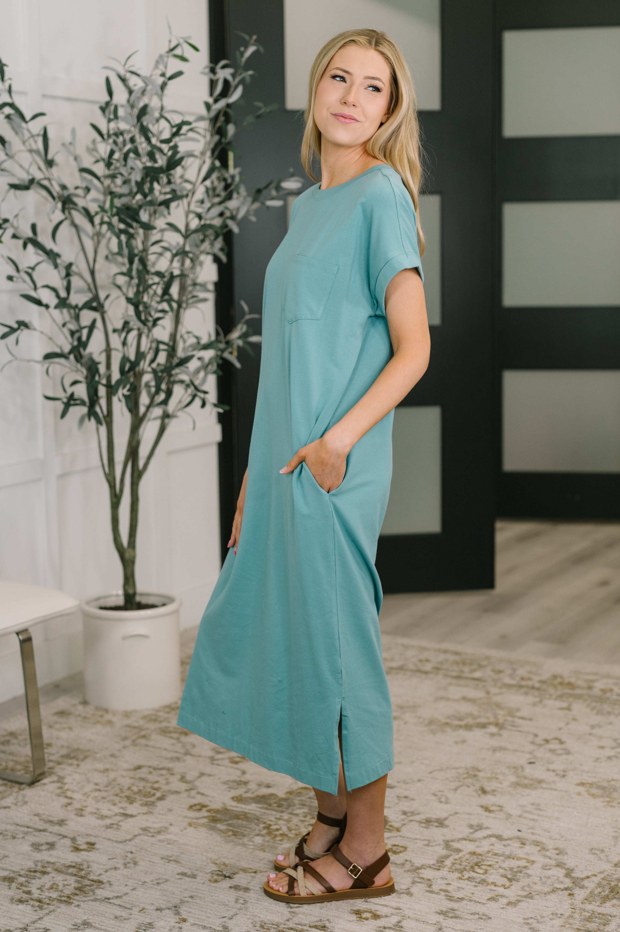 Fix You Right Up Short Sleeve Midi Dress in Dusty Teal in - Womens photo