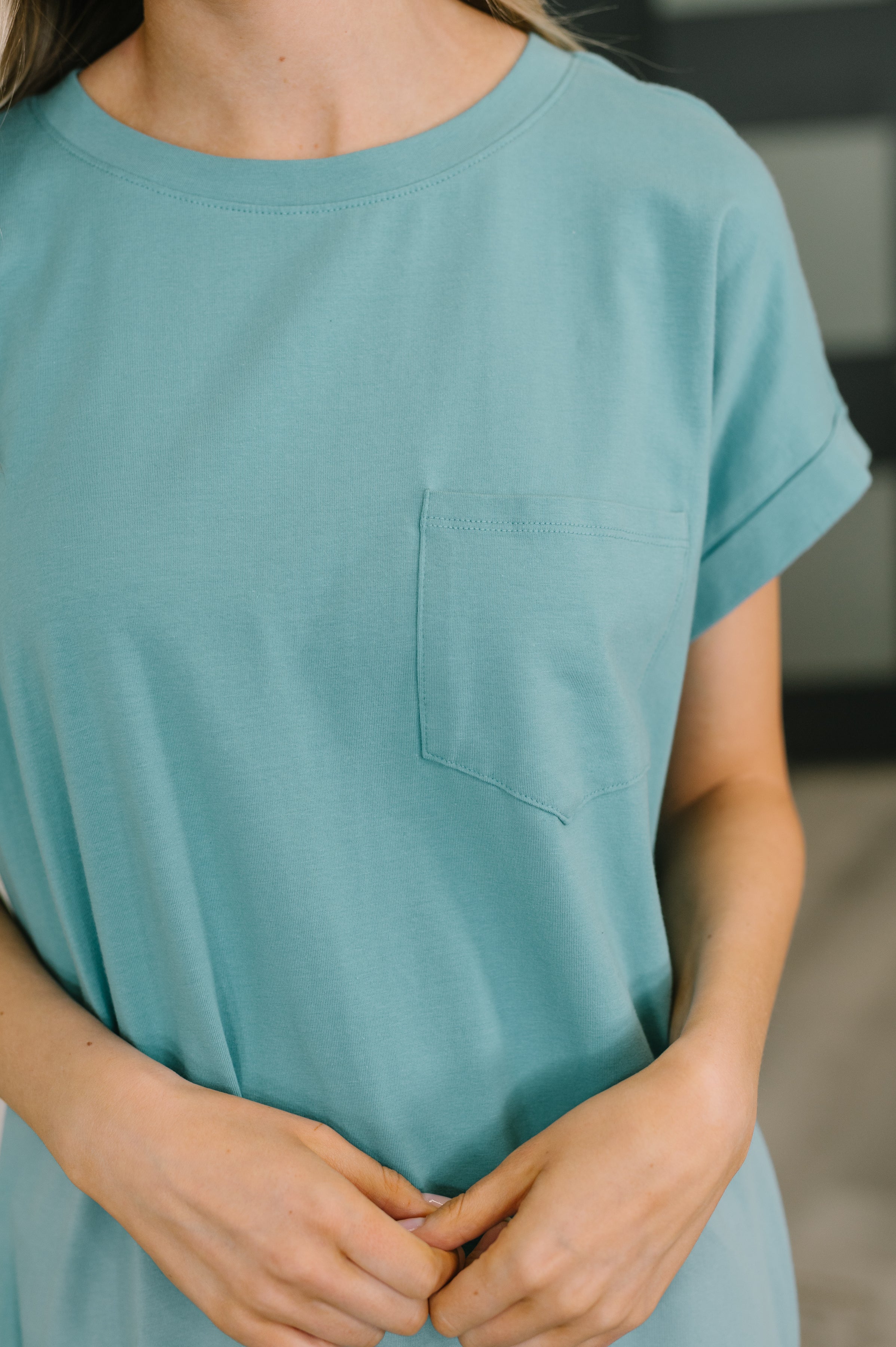 Fix You Right Up Short Sleeve Midi Dress in Dusty Teal in - Womens photo