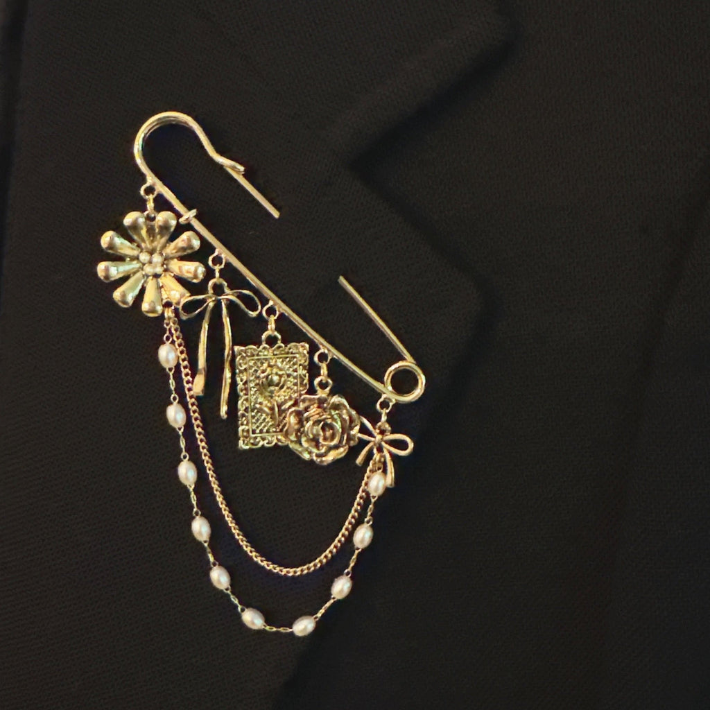 Floral Ribbon Pin Brooch – Elegant Gold Safety Pin with Charms and Pearl Chains in - Fashion Accessories photo