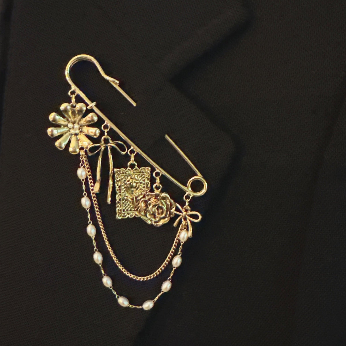 Floral Ribbon Pin Brooch – Elegant Gold Safety Pin with Charms and Pearl Chains in - Fashion Accessories photo