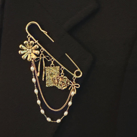 Floral Ribbon Pin Brooch – Elegant Gold Safety Pin with Charms and Pearl Chains in - Fashion Accessories photo