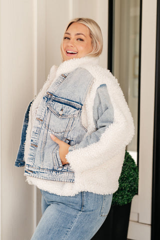 Full Send Sherpa Lined Denim Jacket in - Denim photo