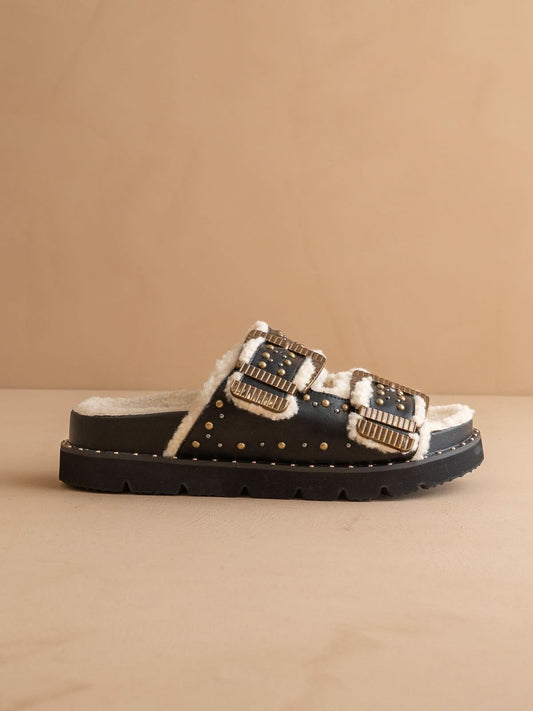 The Gaylen | Black Fleece Lined Slipper Slide in Black - SANDALS photo