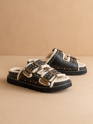 The Gaylen | Black Fleece Lined Slipper Slide - SwagglyLife Home & Fashion