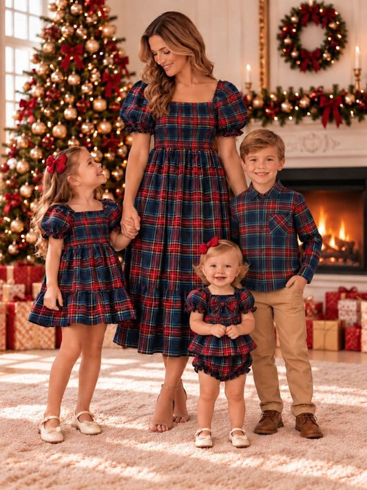 Christmas Boys Red Navy Plaid Button Down Shirt -