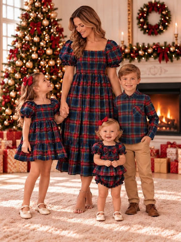 Christmas Boys Red Navy Plaid Button Down Shirt -