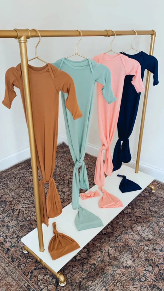 Newborn Knotted Baby Gown and Hat Set - Crew - (Newborn-3 months) Mint, Navy Blue, Pink, Camel Brown in - Newborn Knotted Baby Gown Sets photo