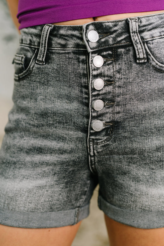 Greyson High Rise Button Fly Cuffed Shorts in Grey in - Denim photo