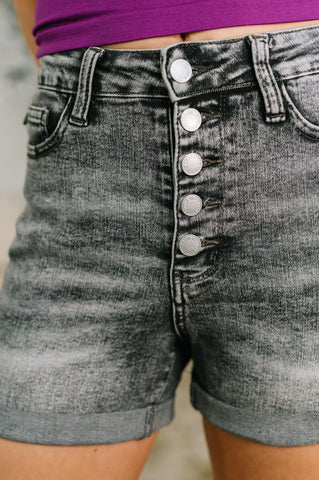 Greyson High Rise Button Fly Cuffed Shorts in Grey -