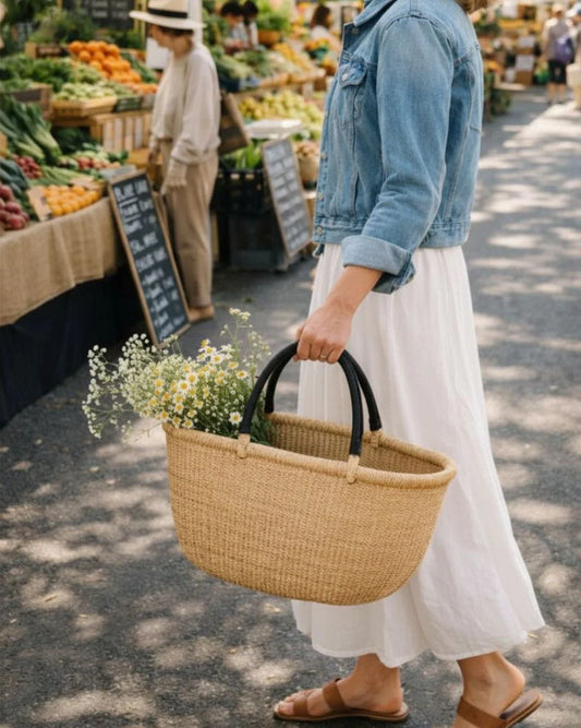 Handwoven Oval Market Basket with Leather Handles in - Baskets photo