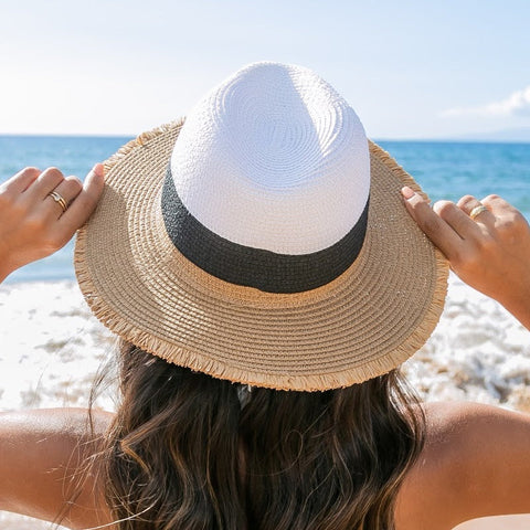 Fray Edge Color Block Panama Hat in Khaki Black White - Straw Sunhat photo