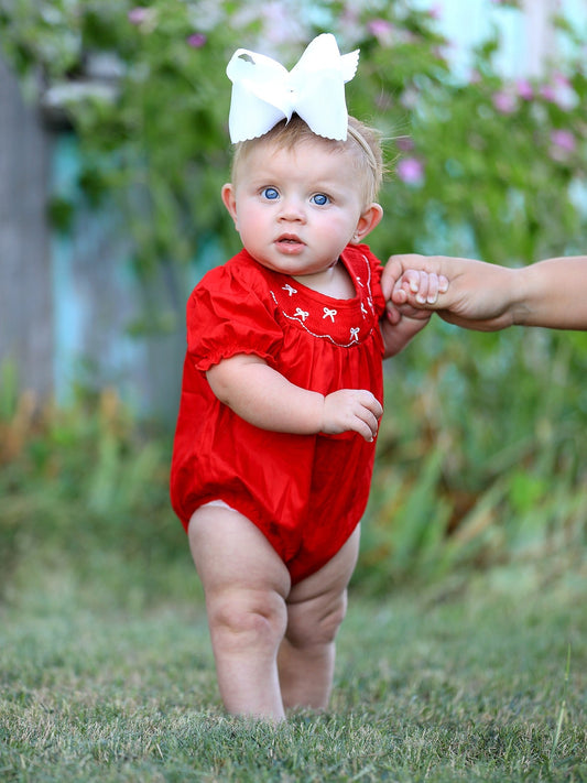 Girls Bow Smocking Embroidered Red Romper -