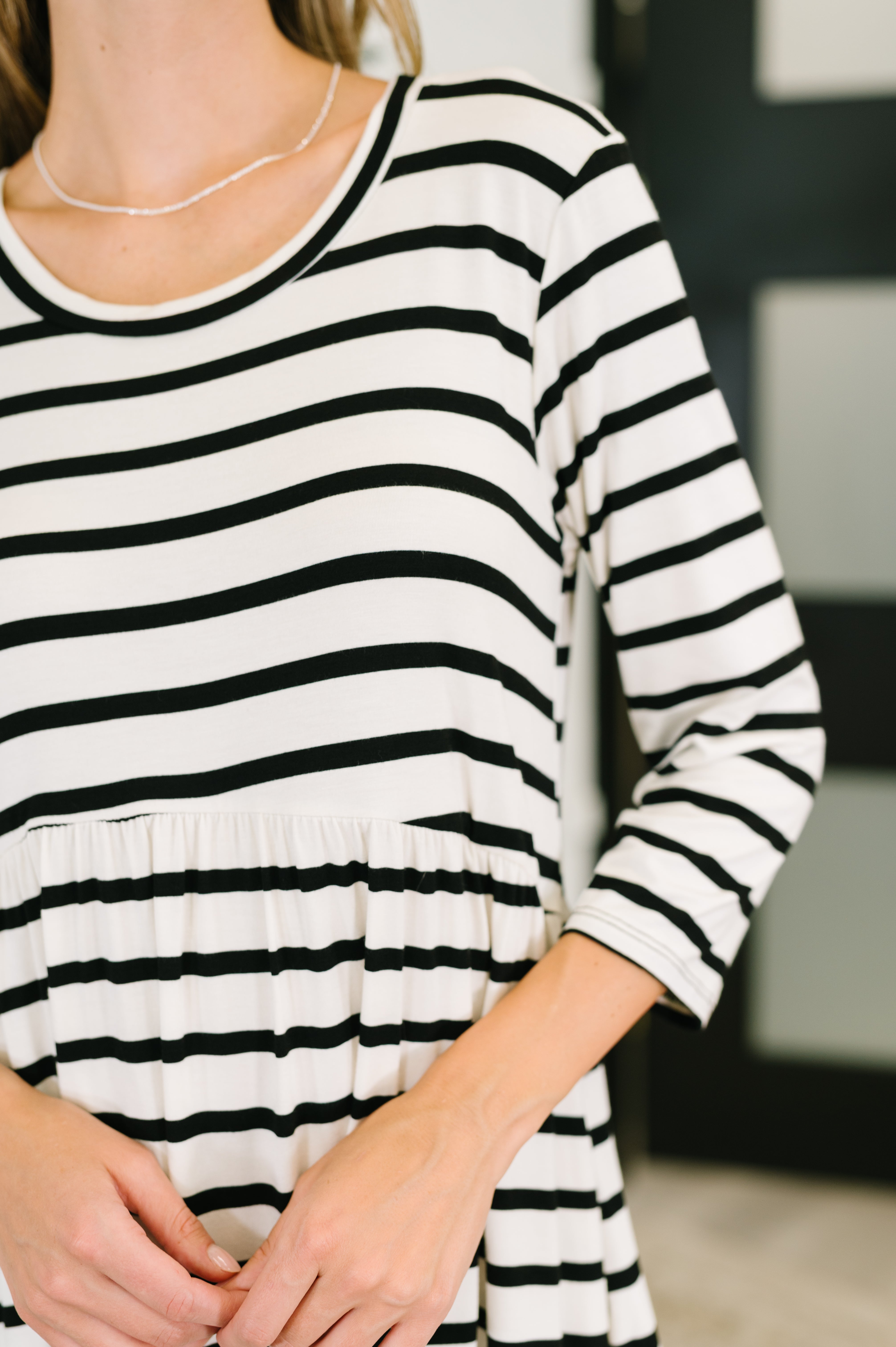 Haute Mess Scooped Hem Casual Dress in Black and White Striped in - Womens photo