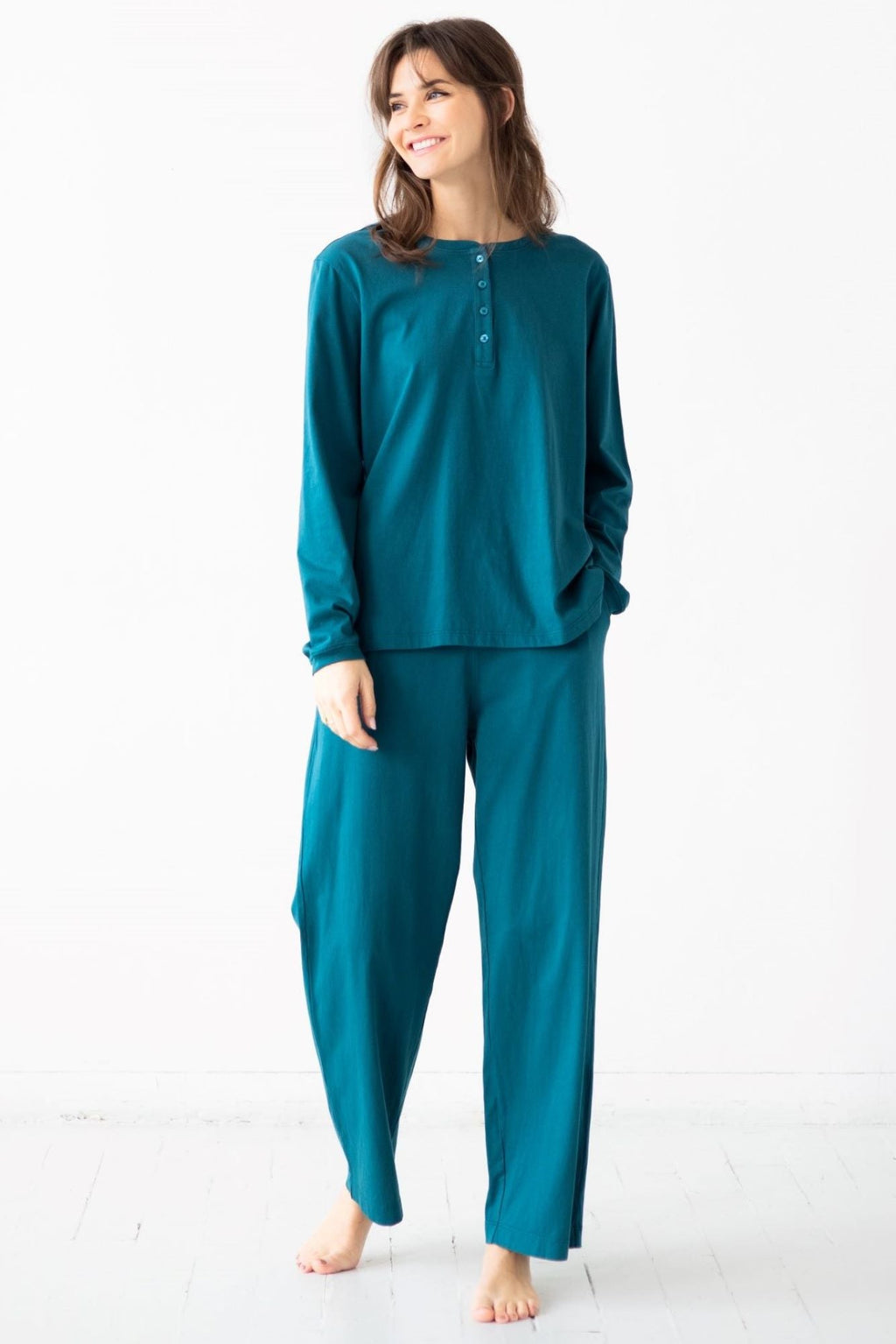 Straight Leg Pants in Pima Cotton in Deep Teal - PANTS photo