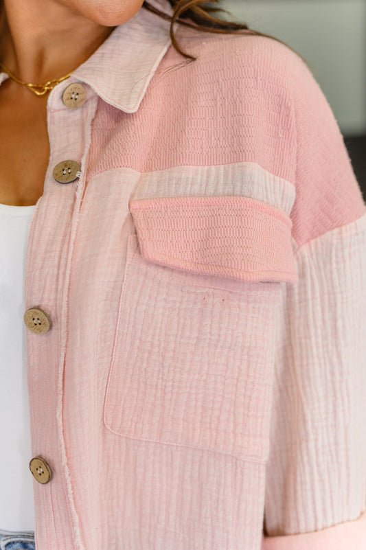 Hot & Unbothered Full Front Button Down Shacket in Pink in - Womens photo