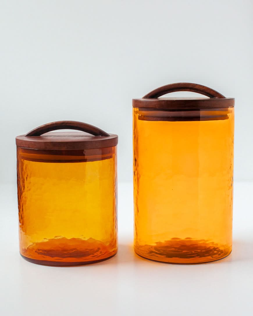 Hammered Glass Canisters with Wood Lid in Medium Amber - Kitchen & Dining photo