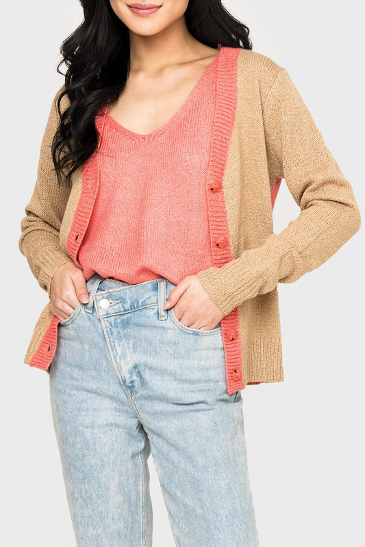 Button Front Colorblock Cardigan in Natural Coral Rose - 25, LAYERS, 254, SALE photo