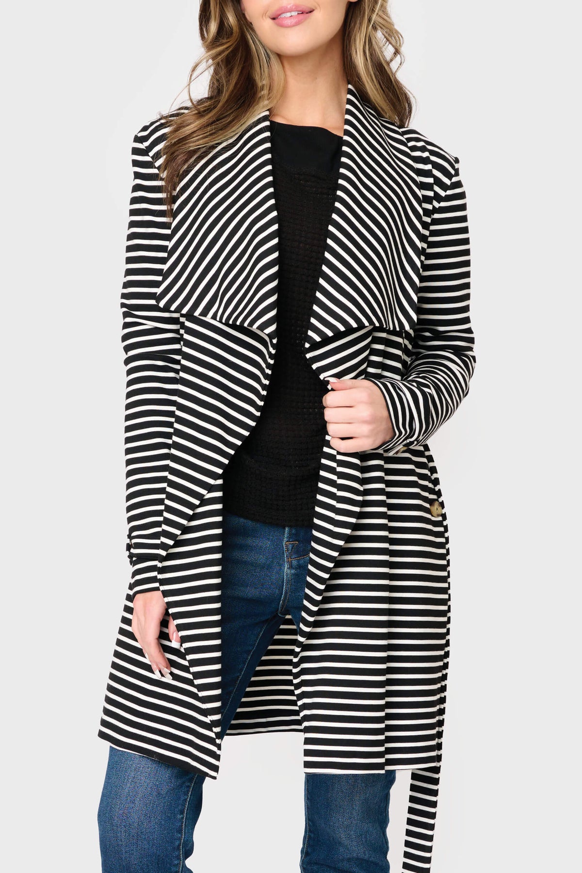 Belted Ponte Topper Jacket in Black White Stripe - 20, JACKETS, 202, SALE photo