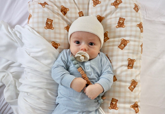 Beige Teddy Bear Gingham Ruffle Baby Lounger Cover in - nest lounger photo