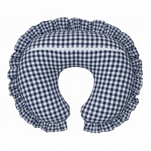 Navy Blue Gingham Ruffle Nursing Pillow Cover in - photo