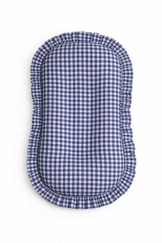 Navy Blue Gingham Ruffle Baby Lounger Cover in - photo