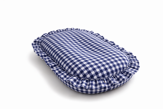Navy Blue Gingham Ruffle Baby Lounger Cover in - photo
