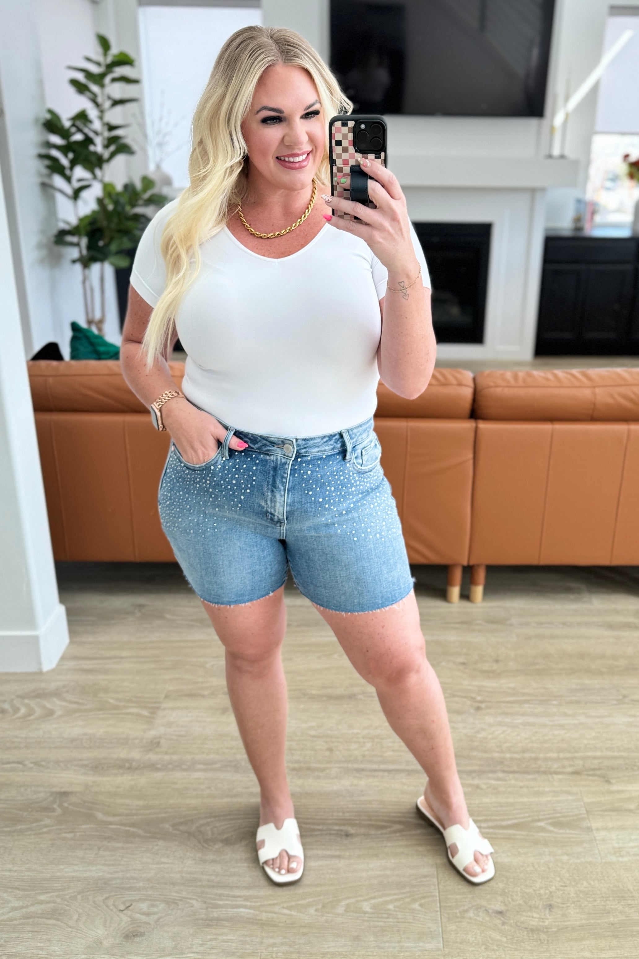 Elle High Rise Rhinestone Cutoff Shorts in - Denim photo