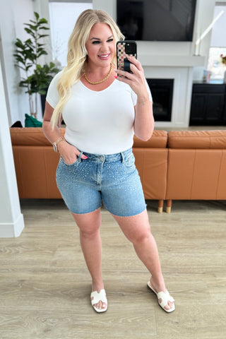 Elle High Rise Rhinestone Cutoff Shorts in - Denim photo