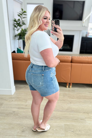 Elle High Rise Rhinestone Cutoff Shorts in - Denim photo
