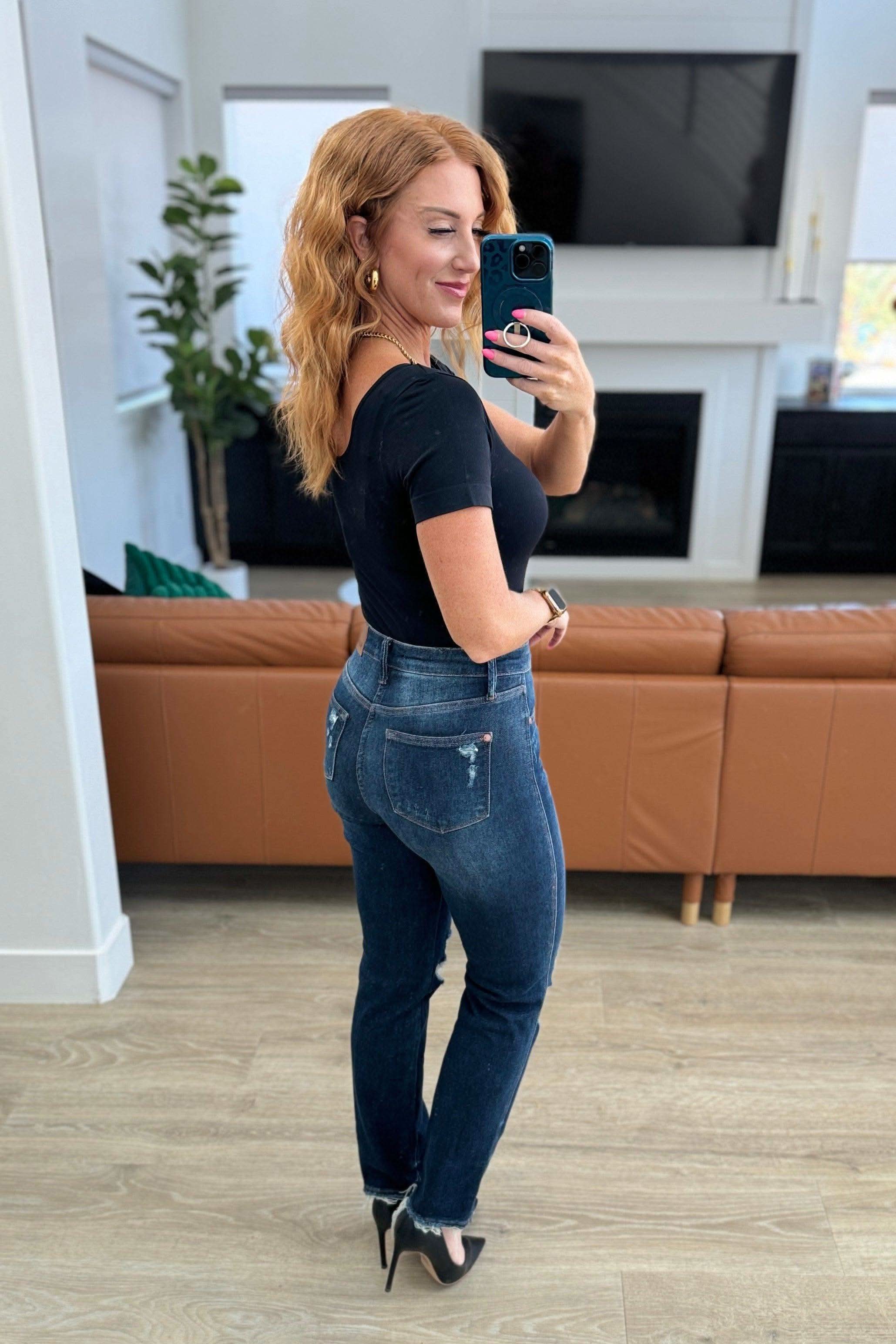 Montana High Rise Rigid Magic Distressed Straight Jeans in - Denim photo