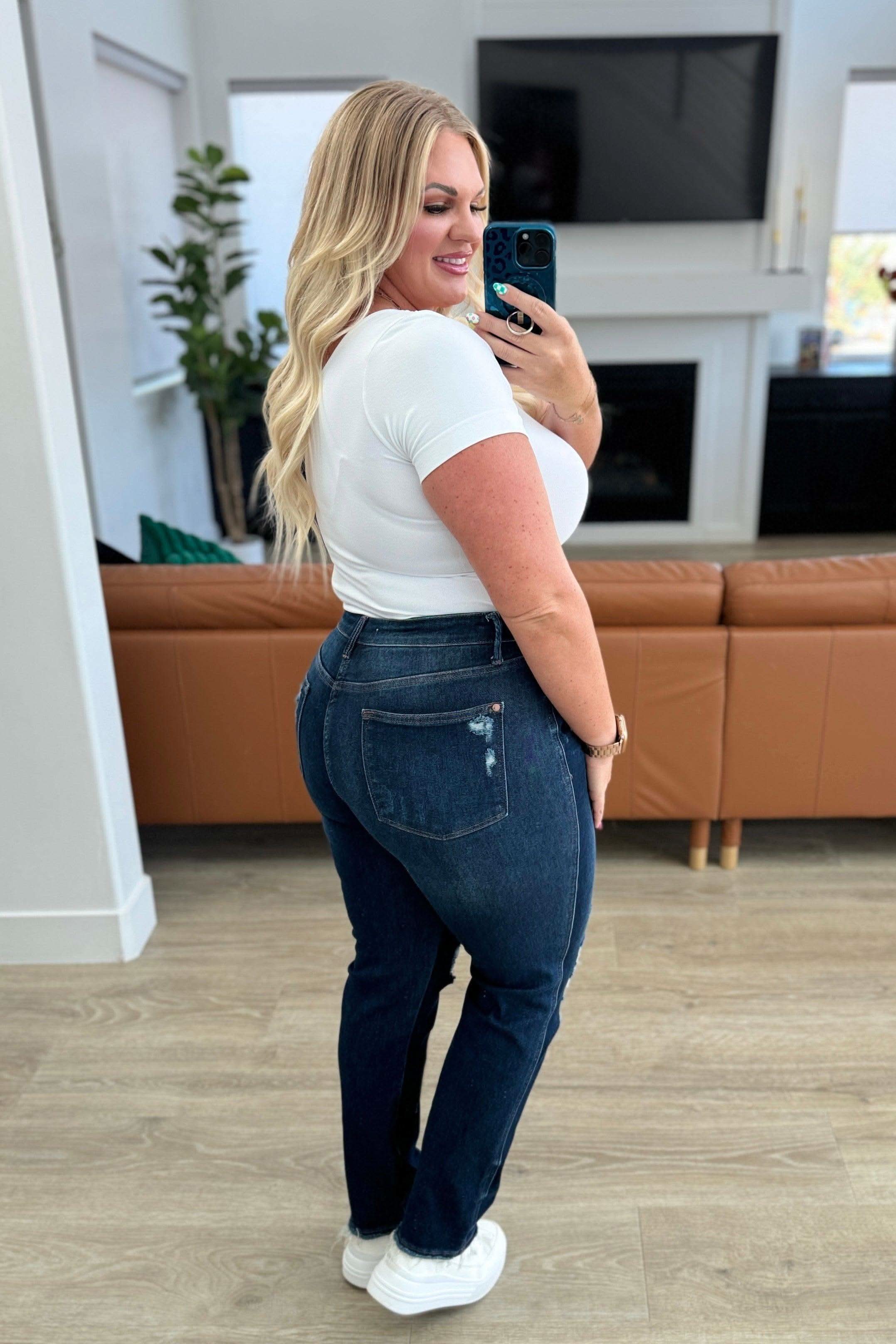 Montana High Rise Rigid Magic Distressed Straight Jeans in - Denim photo