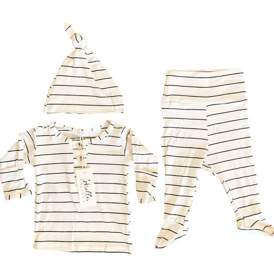 Top and Bottom Outfit and Hat Set (Newborn-12 months sizes) Black Stripes in - Onesies photo