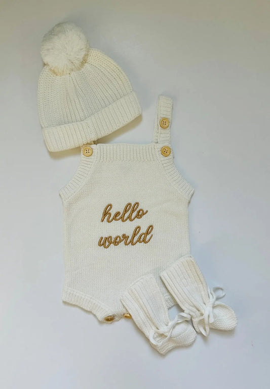 Newborn Knit Romper Set – Hello World, LITTLE SISTER and LITTLE BROTHER Embroidered Baby Outfit with Hat & Booties or Headband | Soft Coming Home Outfit in hello world + hat + booties Newborn - Kids clothes photo